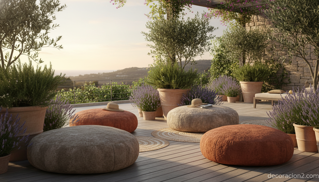Puff Livingstones de exterior en terraza con plantas y madera natural
