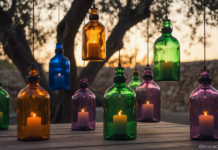 Farolillos de colores hechos a mano colgados en una terraza mediterránea al atardecer