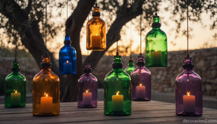 Farolillos de colores hechos a mano colgados en una terraza mediterránea al atardecer