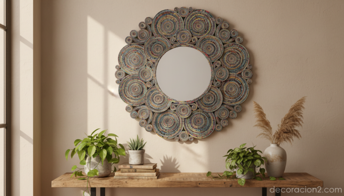 Espejo decorativo con marco hecho de revistas recicladas en salón moderno