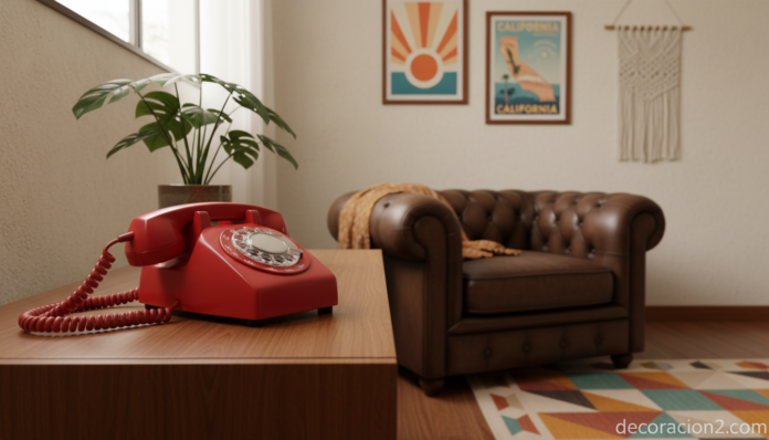 Teléfono retro rojo de ruleta sobre consola de madera en salón vintage decorado