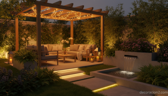 Iluminación de diseño para jardín con guirnaldas y faroles al atardecer