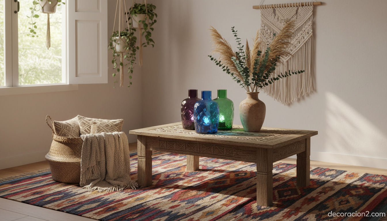 Rincón boho con farolillos artesanales de colores como centro de mesa decorativo