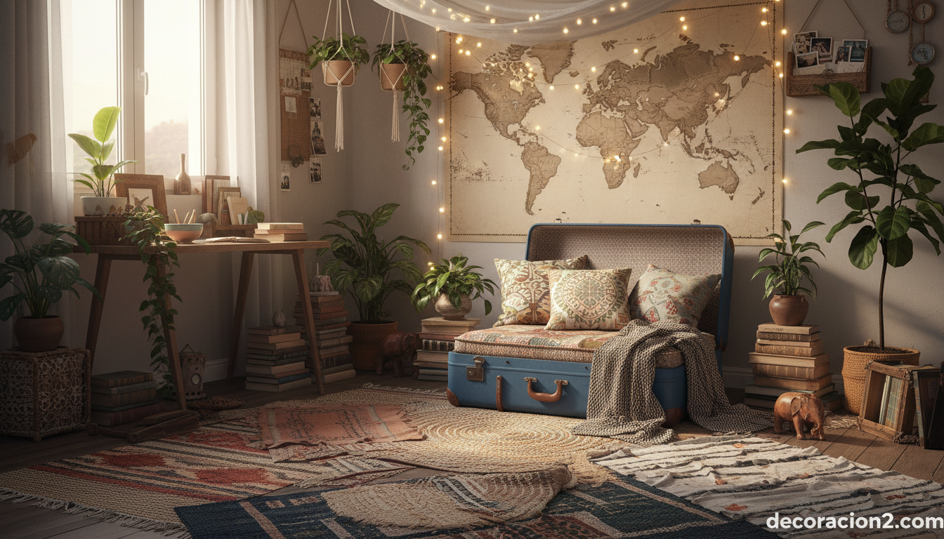 Maletas para sentarse: muebles Sitbag y la magia del upcycling de equipaje vintage 2 Habitación juvenil boho con maleta convertida en silla como rincón de lectura
