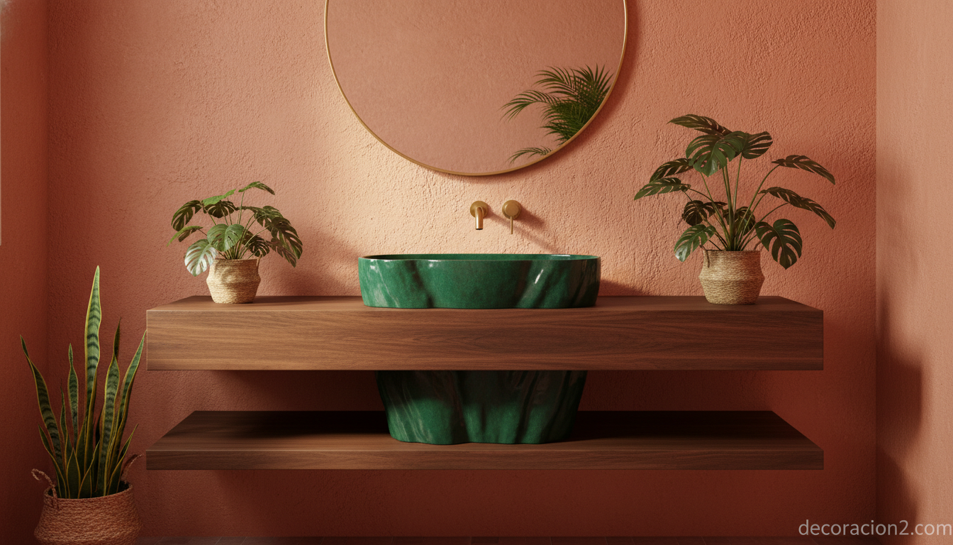 Baño contemporáneo con lavabo escultórico de color verde y paredes terracota