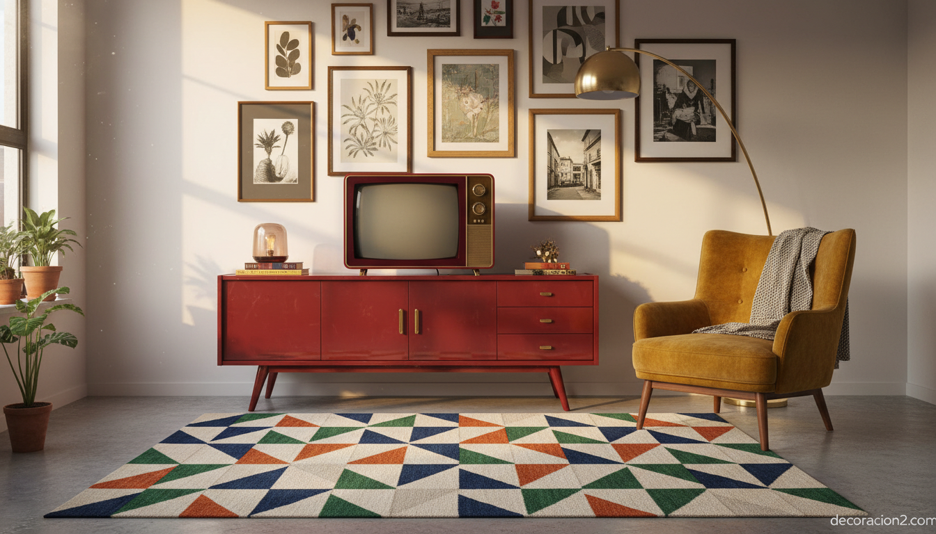 Salón ecléctico con televisor rojo decorativo estilo retro y mueble lacado