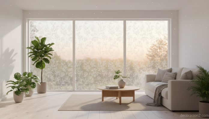 Vinilos para cristales con motivos de hojas decorando ventana de salón moderno
