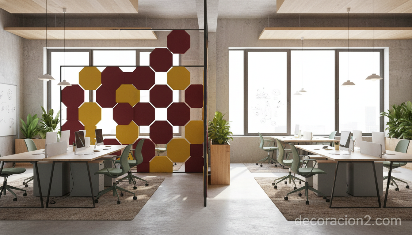 Separador modular hexagonal de colores en una oficina coworking moderna