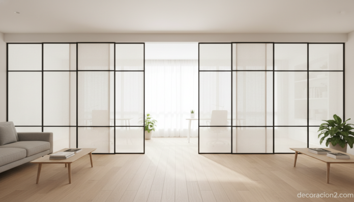 Paneles japoneses deslizantes blancos dividiendo salón moderno con luz natural