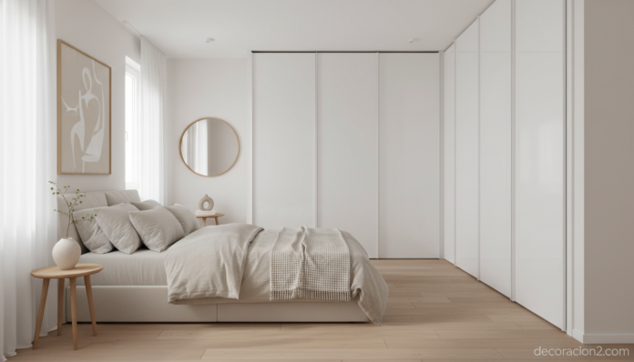Armario PAX de Ikea personalizado en un dormitorio moderno con puertas correderas blancas