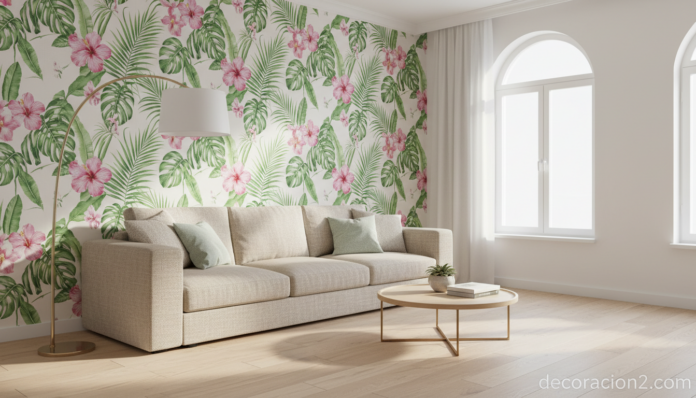 Salón decorado con papel pintado botánico tropical en pared protagonista y sofá beige