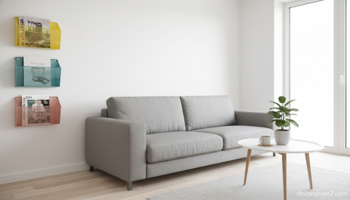 Revisteros de plástico de colores en un salón moderno con sofá gris