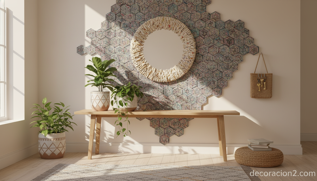 Recibidor con espejo decorativo de revistas recicladas sobre consola de madera