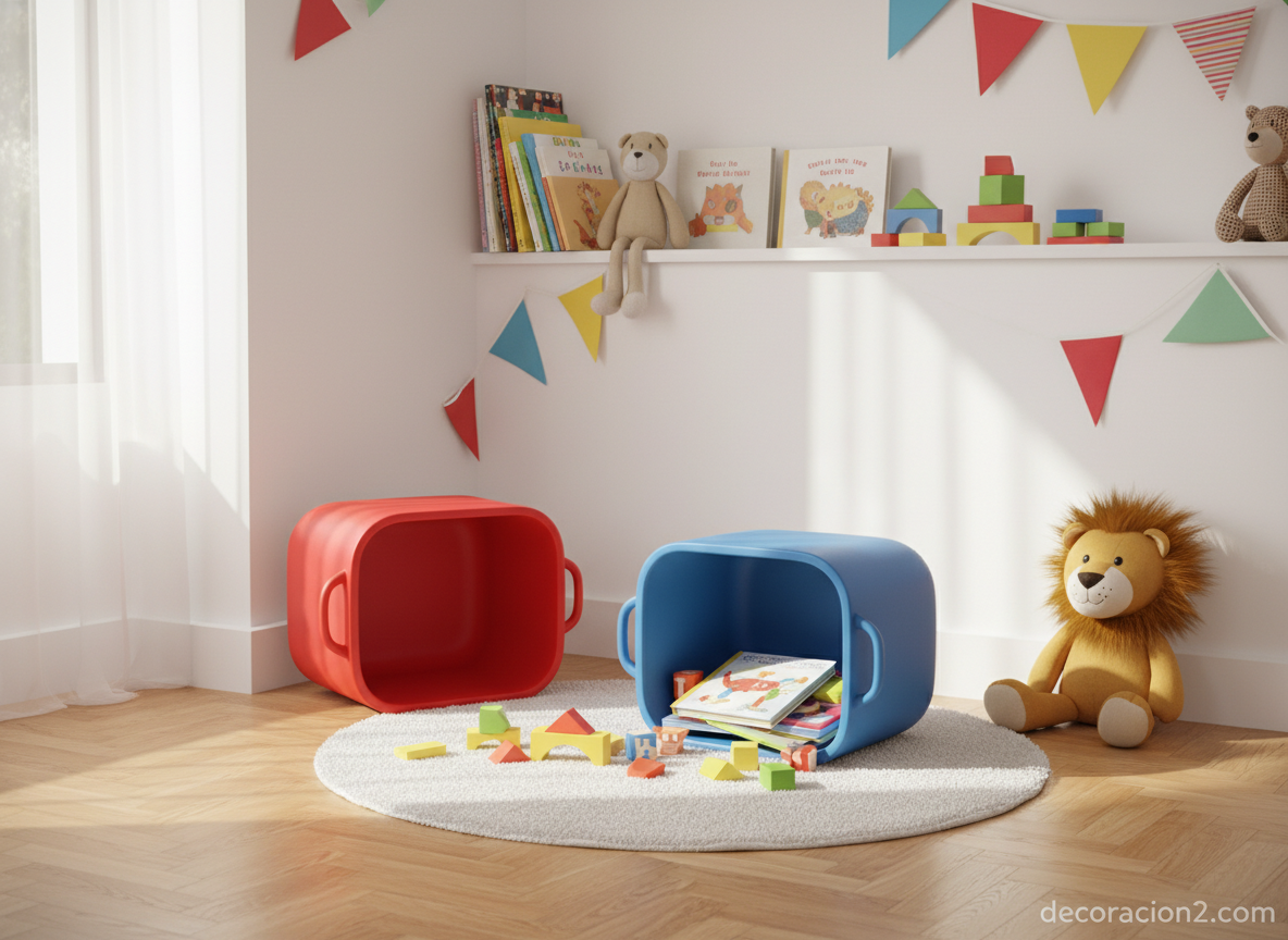 Taburete SOS usado como almacenaje en habitación infantil