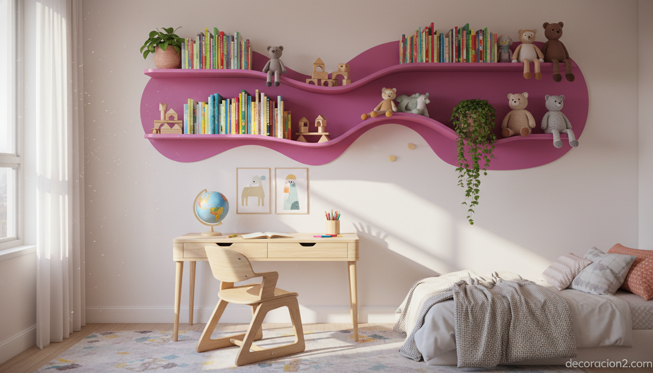 Estantería Bookworm rosa en dormitorio juvenil con libros y juguetes