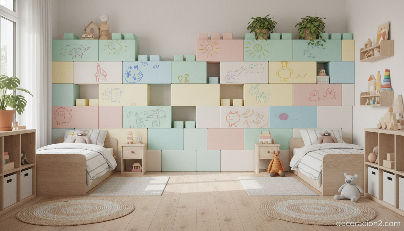 Habitación infantil con separador de bloques de cartón pintados de colores