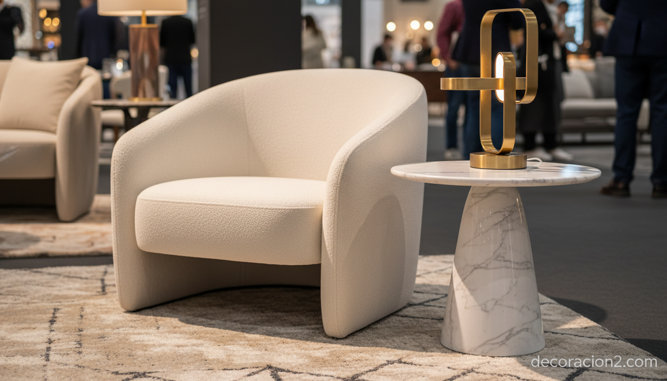 Detalle de stand de diseño en feria del mueble con sillón boucle y lámpara escultórica