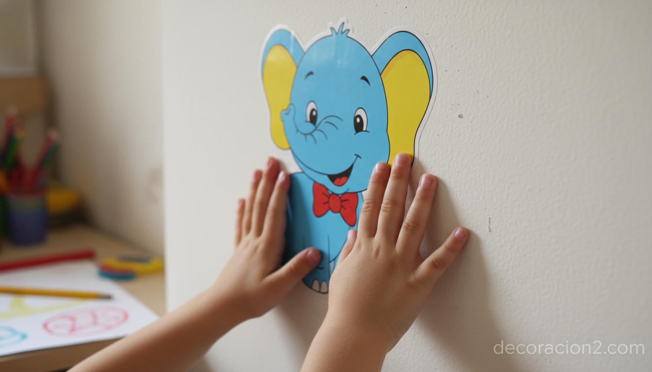 Detalle de aplicación de vinilo decorativo infantil en pared