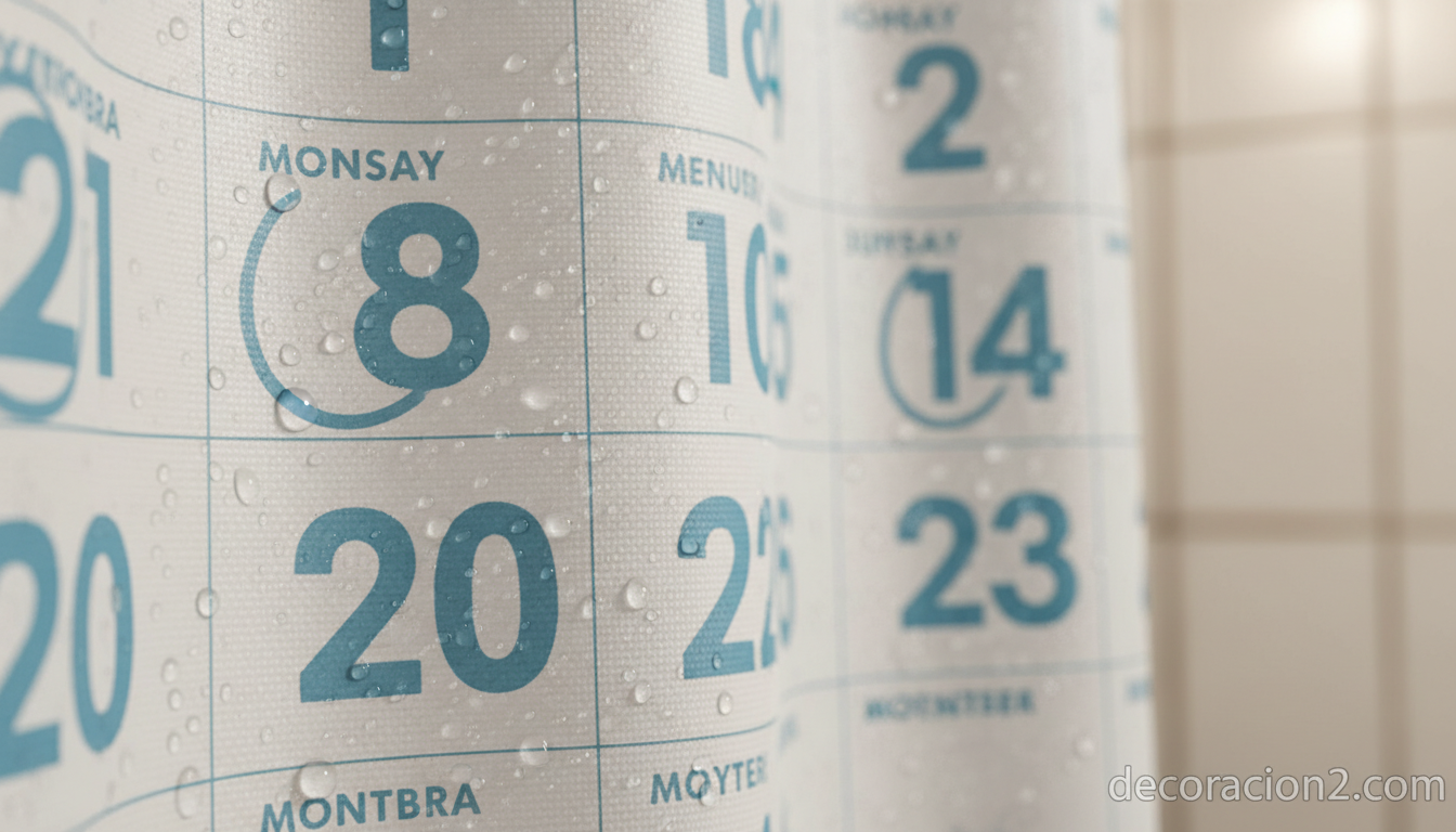Detalle de cortina de ducha calendario con meses y días impresos