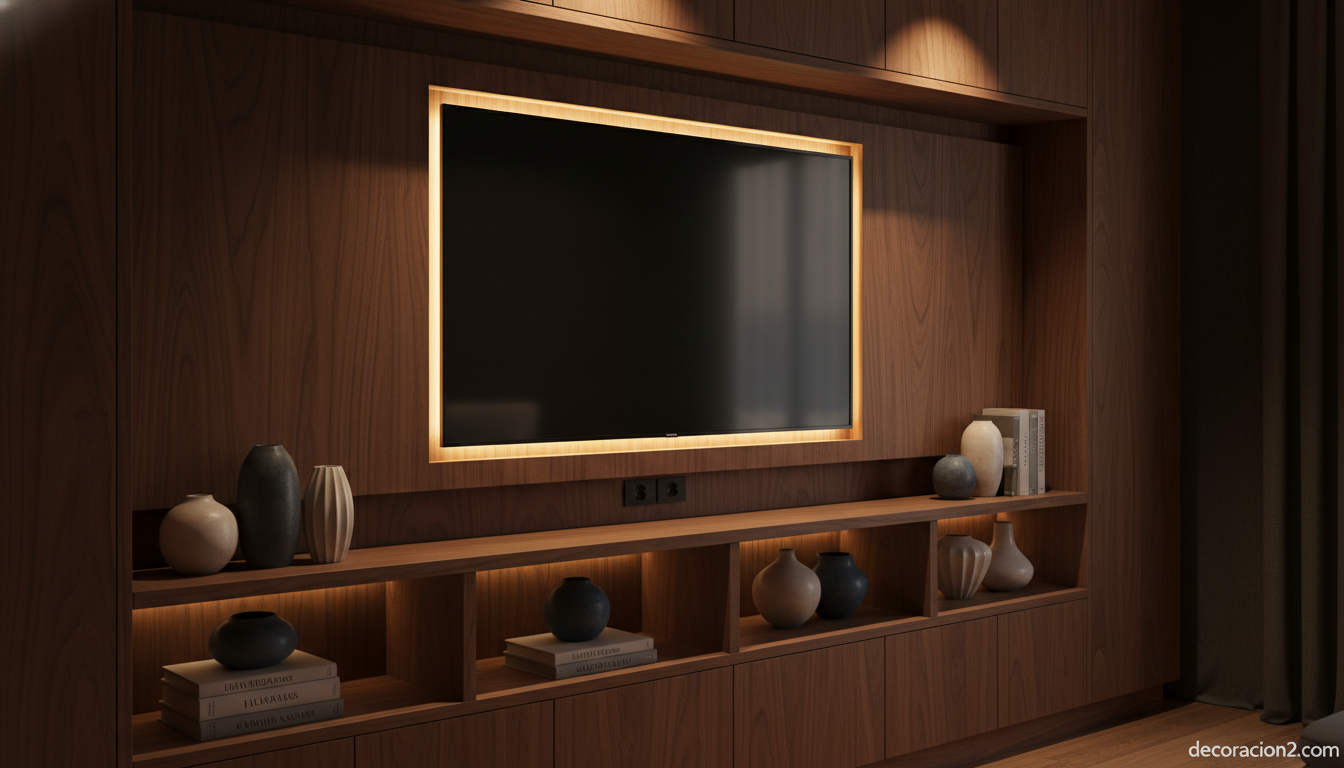 Detalle de mueble de carpintería a medida en nogal con televisor integrado y luz LED
