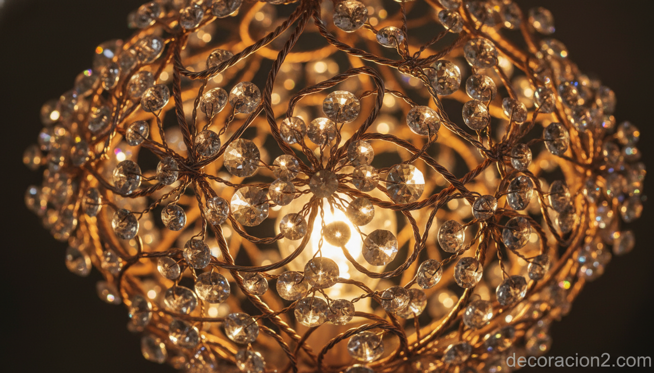 Lámparas escultóricas: cuando el diseño convierte la luz en arte 1 Detalle macro de una lámpara escultórica de alambre y cristal