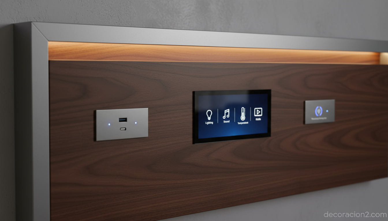 Detalle del cabecero tecnológico de una cama multimedia con panel táctil