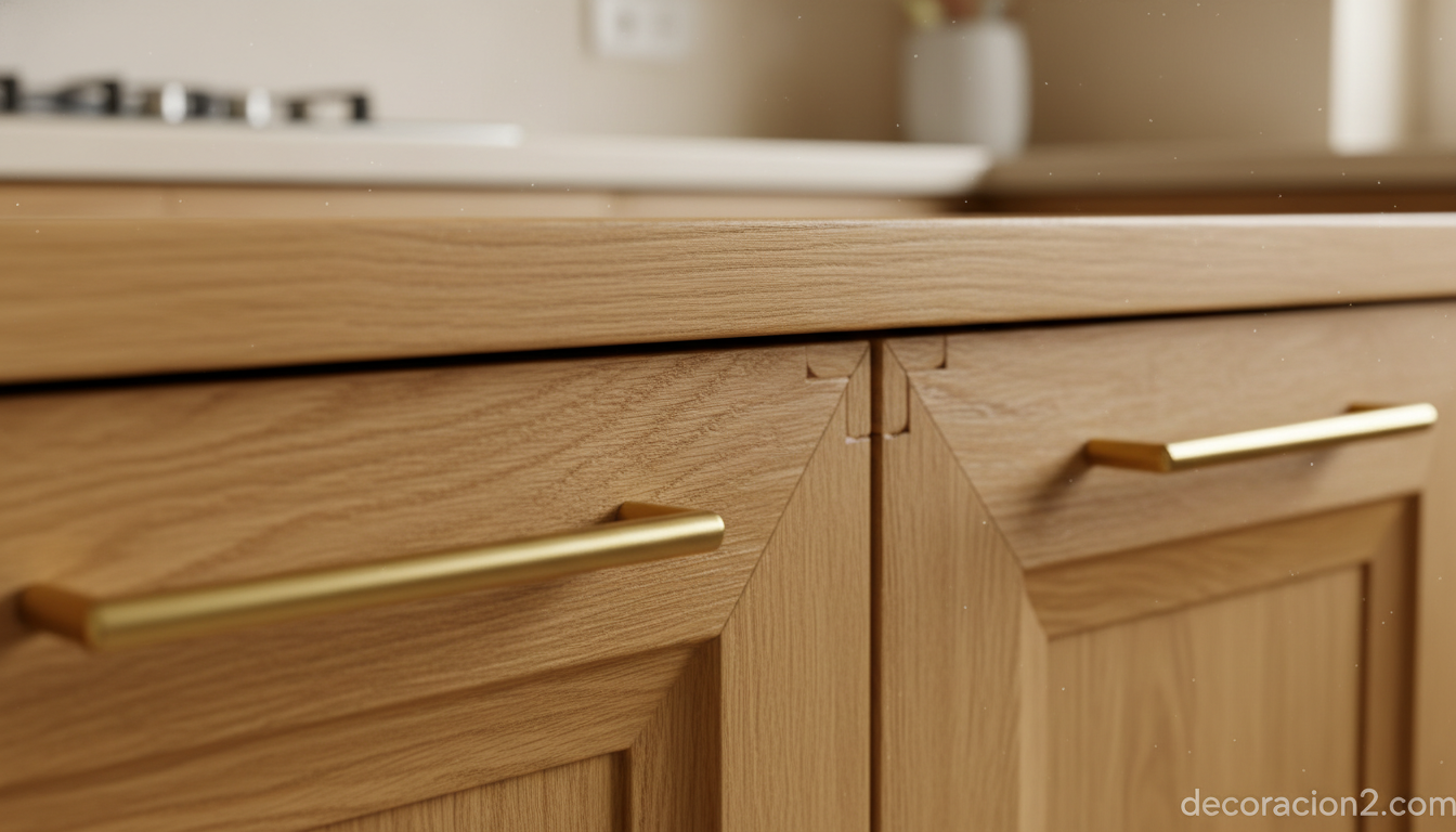 Detalle de módulo de cocina en madera natural con tiradores de latón