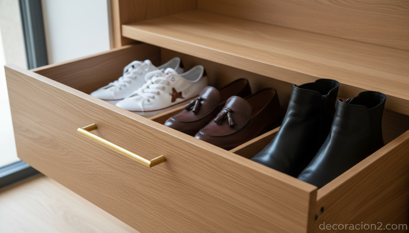 Detalle de cajón extraíble bajo peldaño de escalera con zapatos organizados
