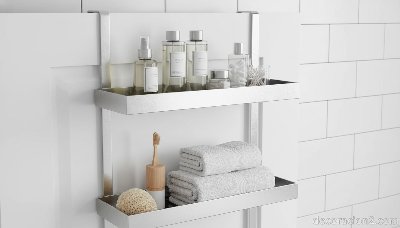 Detalle de estantería tras la puerta del baño con productos de aseo y toallas organizados