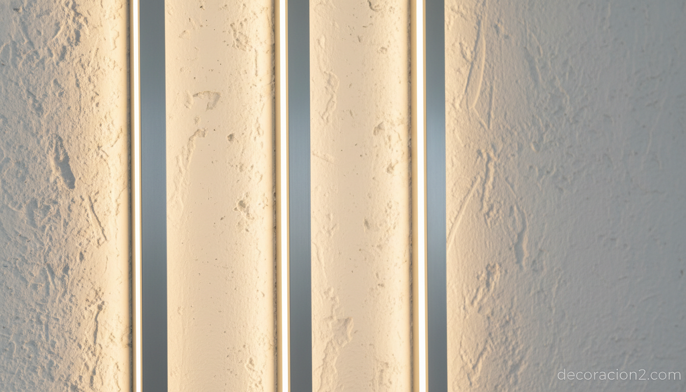 Detalle de lámparas modulares planas en composición vertical sobre pared blanca
