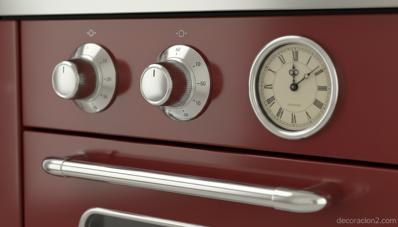 Detalle de los mandos cromados y el reloj analógico de un horno retro Smeg en color rojo