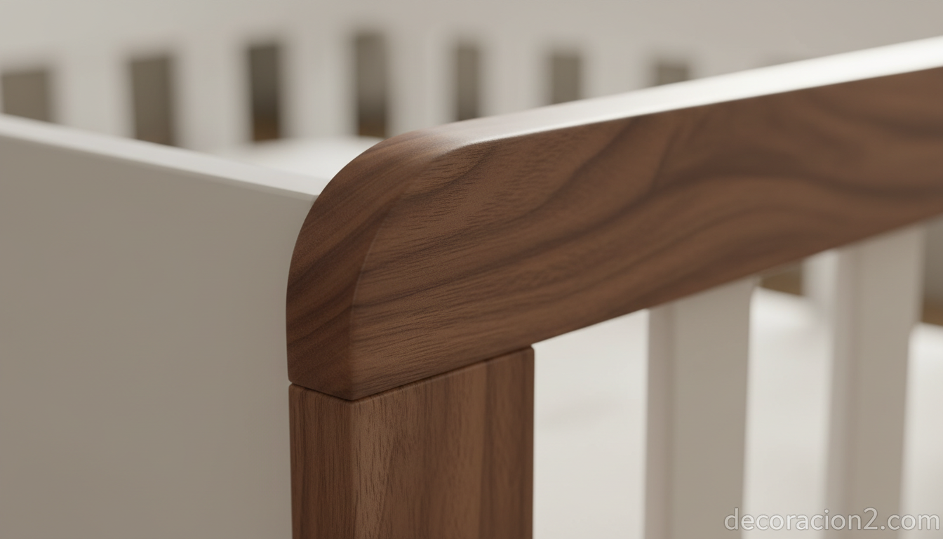 Detalle de la madera de nogal y panel blanco lacado en cama infantil de transición