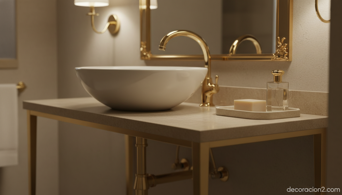Detalle de mueble de baño clásico actualizado con patas doradas