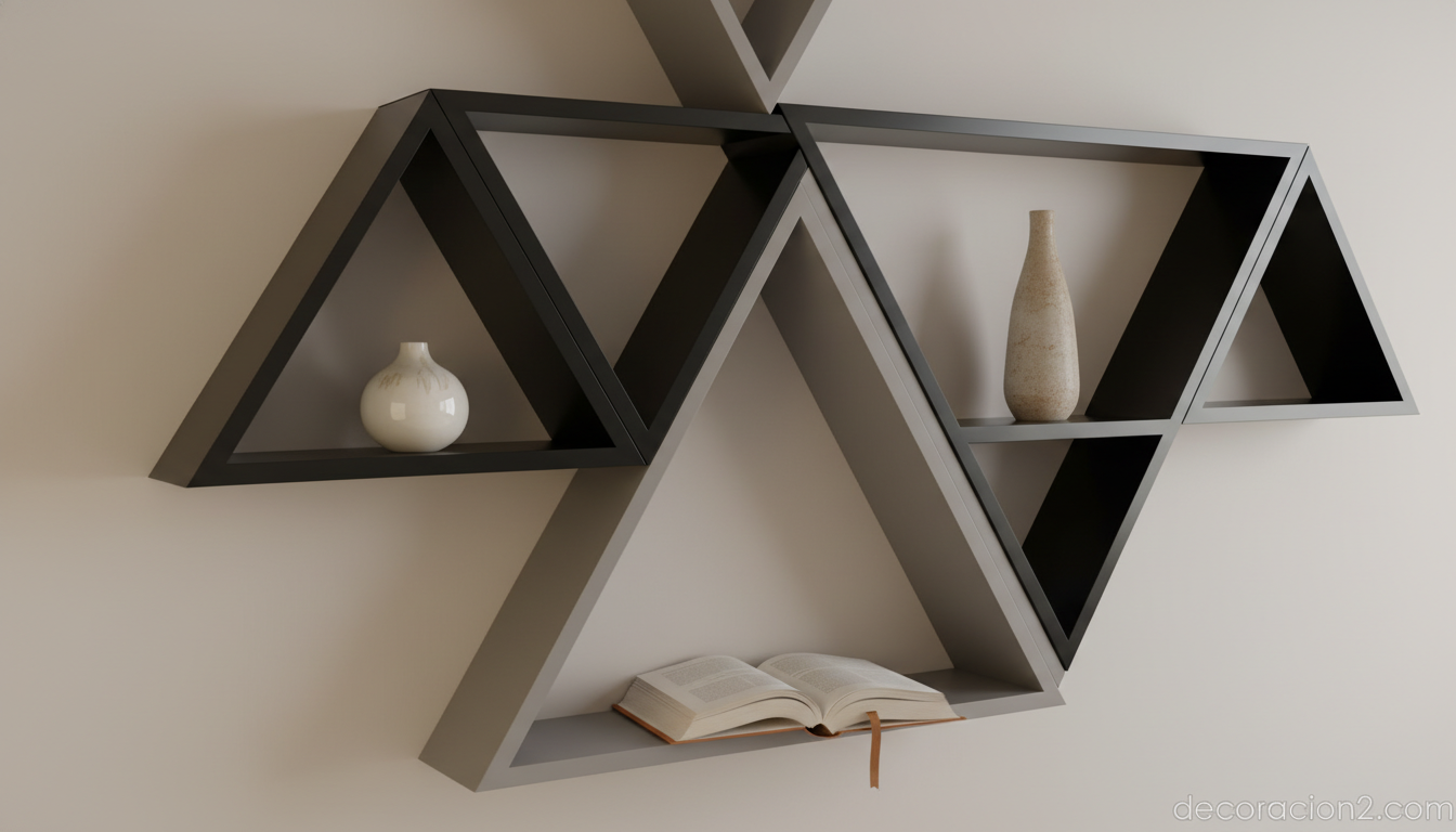 Detalle de módulos triangulares de estantería Tangram lacados en negro y gris
