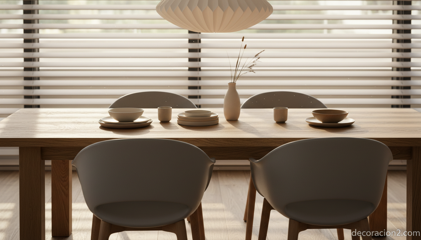 Comedor escandinavo con mesa de roble y sillas tapizadas grises de estilo BoConcept