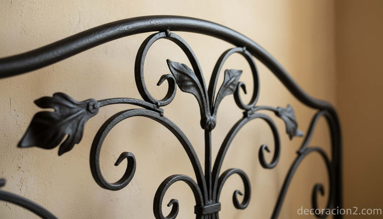 Detalle de cabecero de forja en negro mate con curvas ornamentales