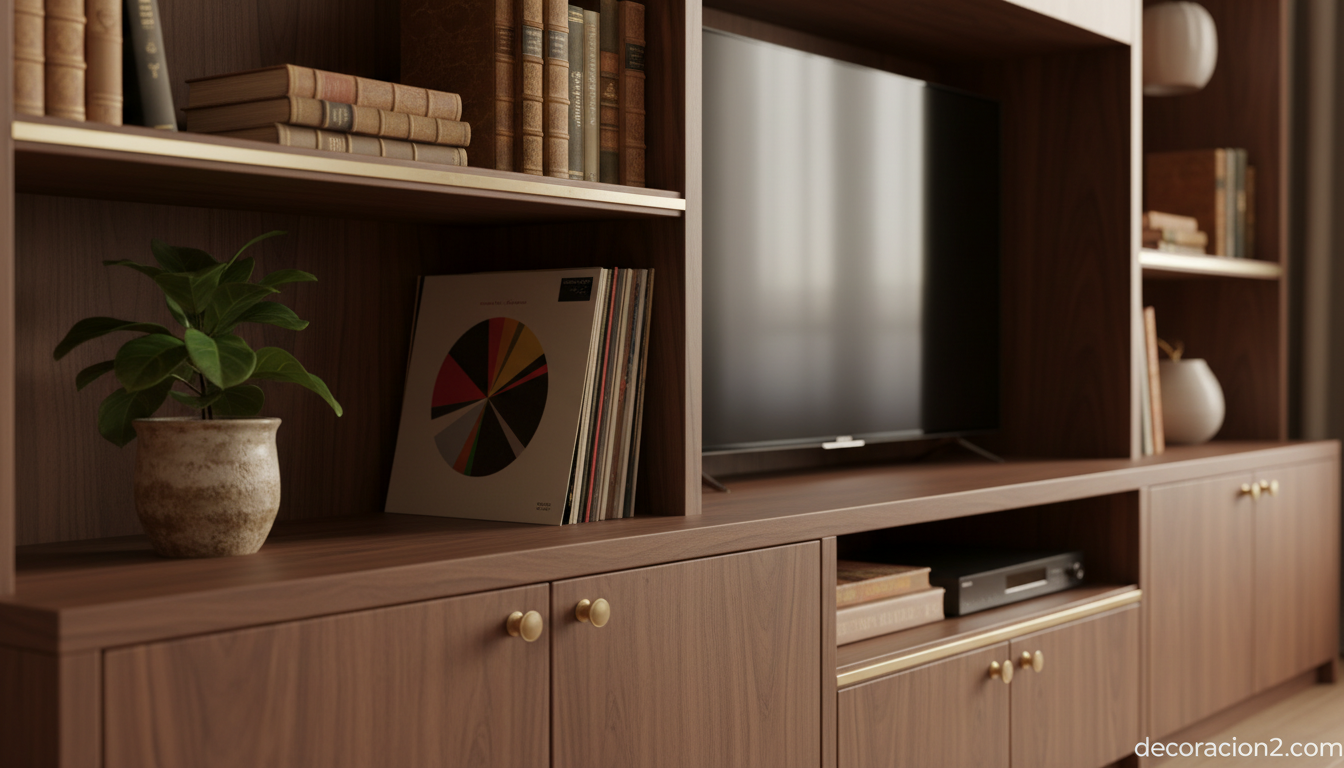 Detalle de mueble TV modular en madera de nogal con baldas y cajones para libros y vinilos