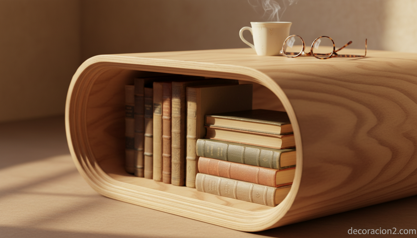 Detalle de madera contrachapada del sillón con estantería para libros con taza y gafas de lectura