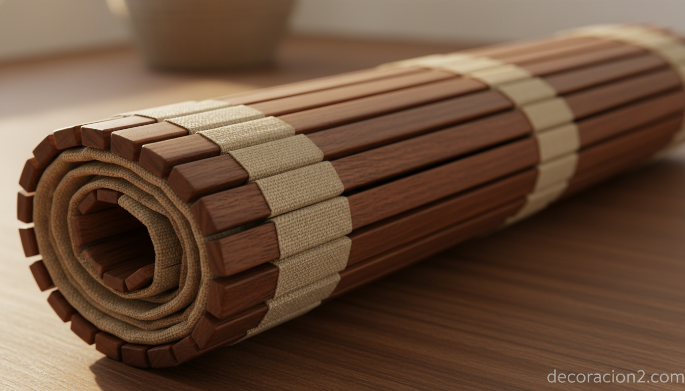 Detalle macro de balda enrollable con láminas de madera de nogal unidas por tela de lino