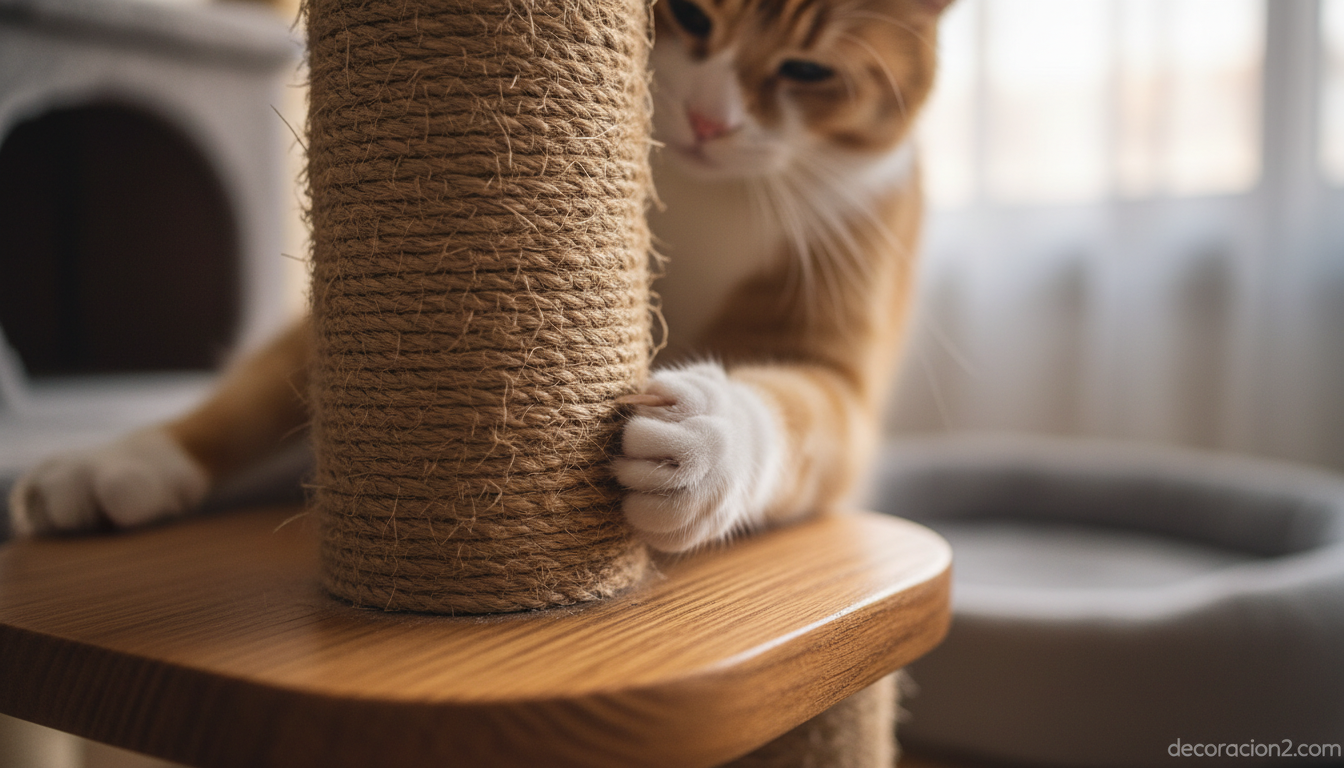 Detalle del poste rascador de sisal natural de una escalera para gatos