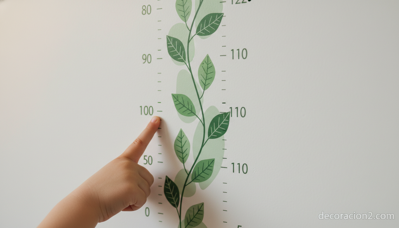 Medidor de altura infantil con forma de planta: ideas, diseños y consejos para la habitación de tus hijos 7 Detalle del vinilo de medidor de altura infantil con escala graduada en una pared blanca