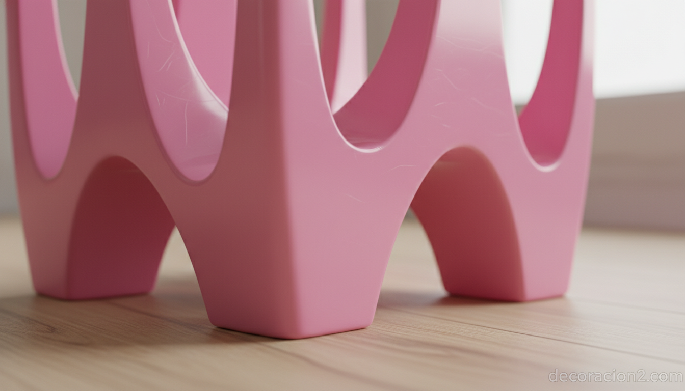Detalle de revistero de plástico rosa brillante con textura