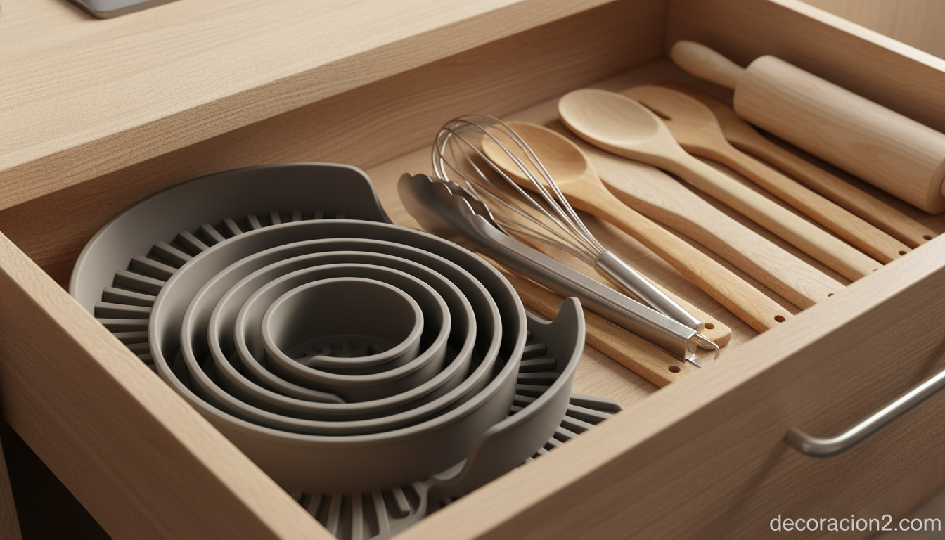 Escurreplatos enrollado guardado dentro de un cajón de cocina junto a utensilios ordenados