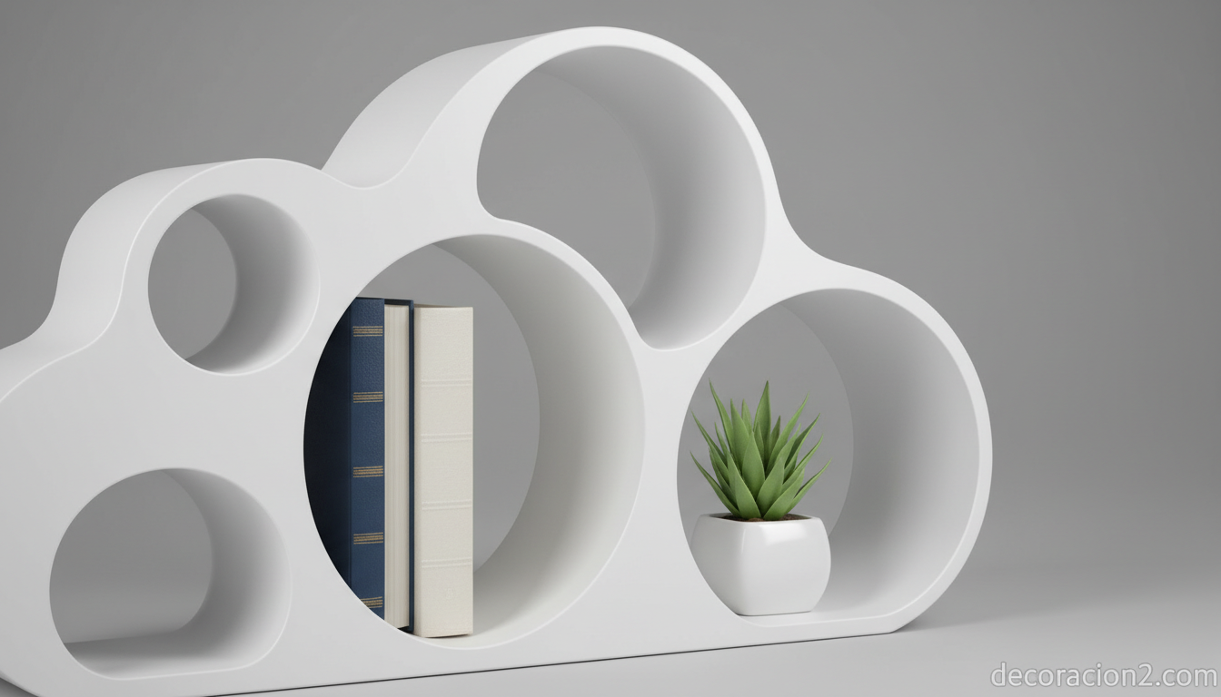 Detalle de módulo de estantería nube en polietileno blanco con libros