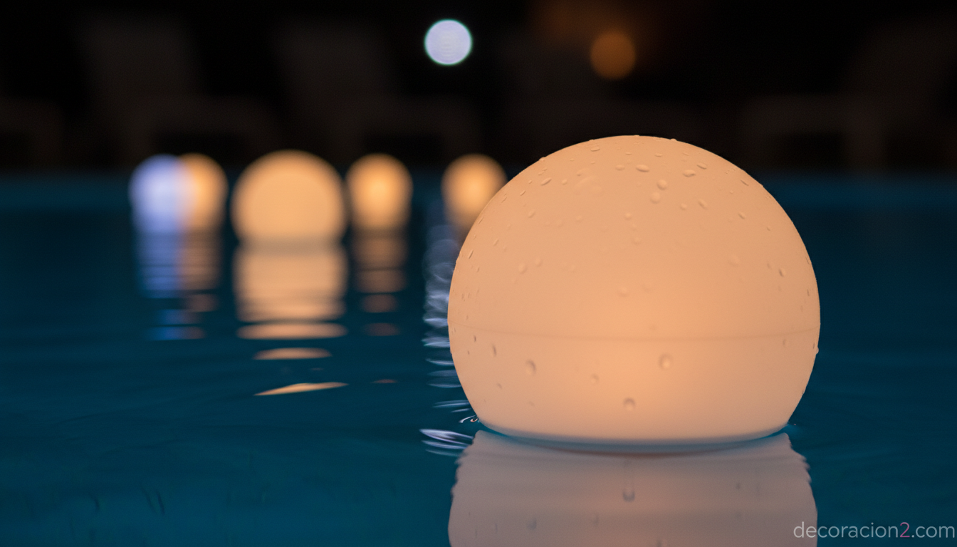Detalle de lámpara flotante de polietileno blanco con luz cálida interior