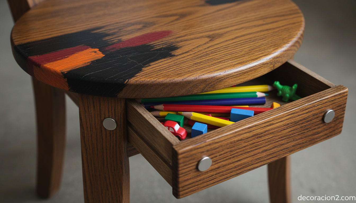 Detalle del cajón con imanes bajo el asiento de la silla infantil