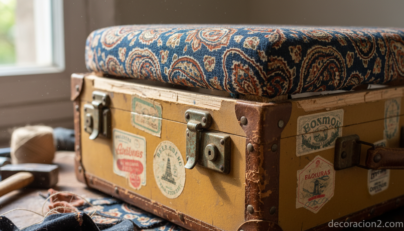 Maletas para sentarse: muebles Sitbag y la magia del upcycling de equipaje vintage 1 Detalle de maleta vintage amarilla en proceso de transformación en taburete tapizado