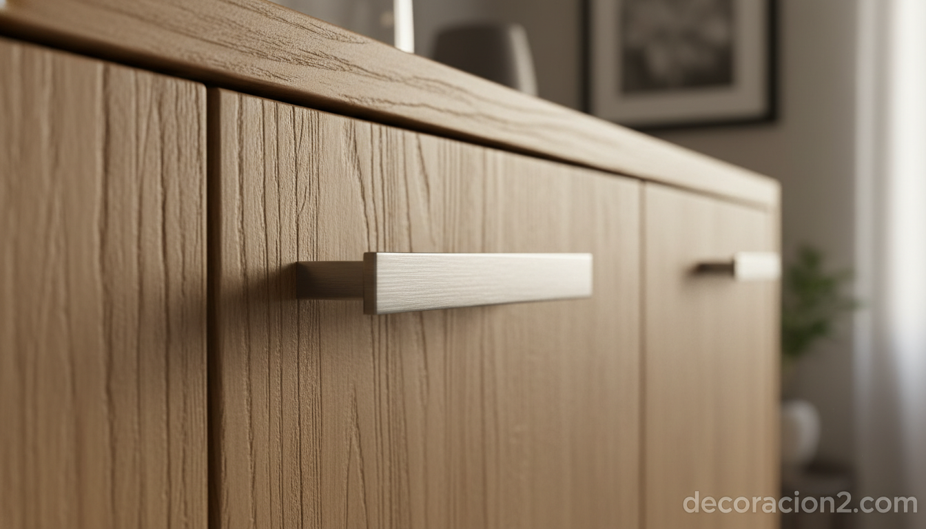 Detalle de madera maciza de roble con acabado mate y herrajes de acero inoxidable
