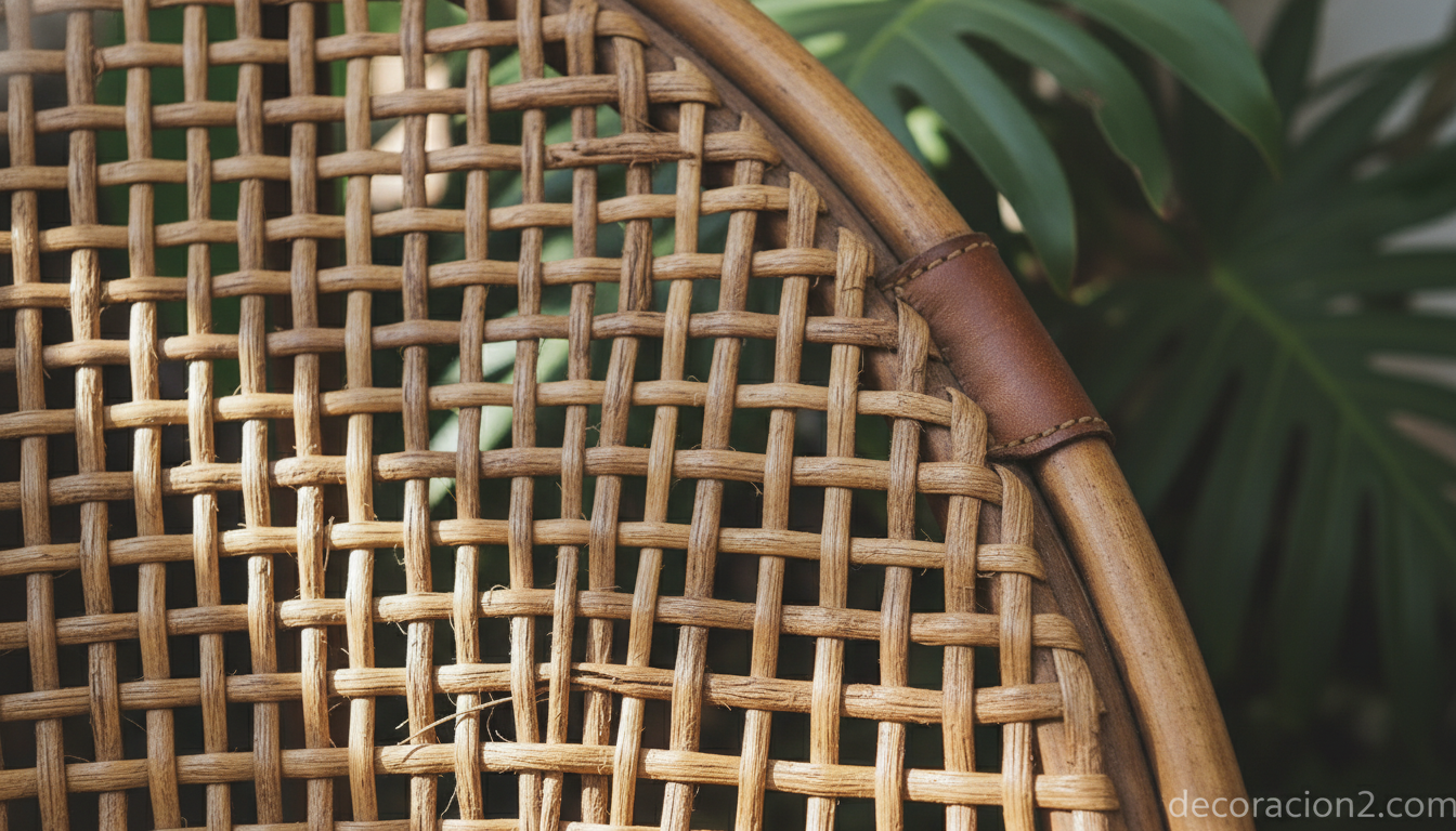 Detalle macro de tejido en ratán natural de un sillón balón cubano