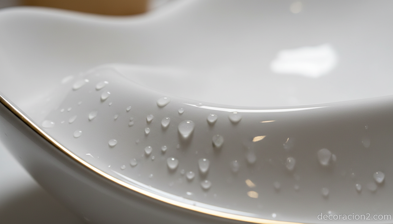Detalle macro del acabado cerámico y filete dorado de un lavabo escultórico